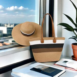 VINTAGE New  Shoulder Straw Fashion Leisure Handbag With Hat - WIDE PATTERN KHAKI