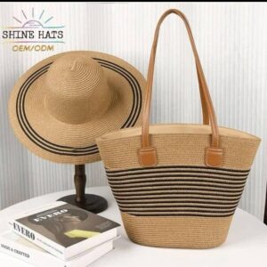 VINTAGE New  Shoulder Straw Fashion Leisure Handbag With Hat - KHAKI BLACK