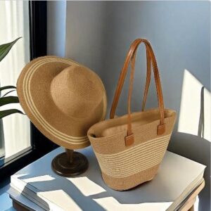 VINTAGE New  Shoulder Straw Fashion Leisure Handbag With Hat - KHAKI WHITE